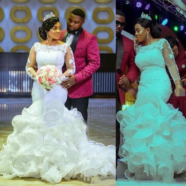 2019 new african mermaid wedding dresses scoop neck plus size lace appliques beaded sequins organza tiered skirts formal bridal gowns, White
2019 new african mermaid wedding dresses scoop neck plus size lace appliques beaded sequins organza tiered skirts formal bridal gowns, White