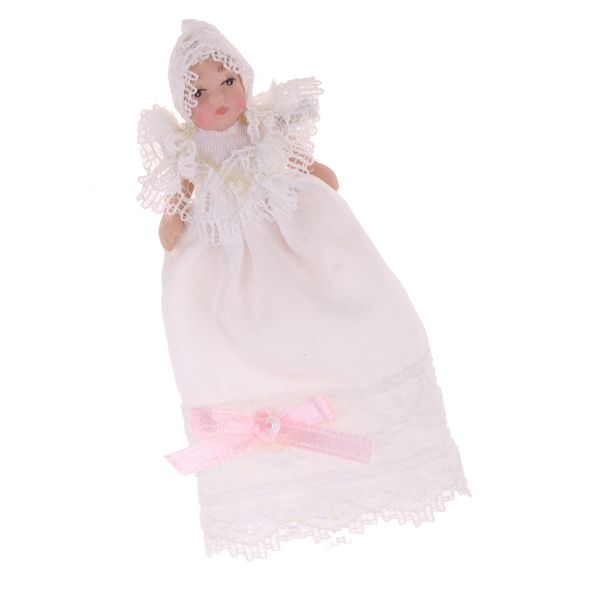 1/12 Scale Dollhouse Miniature People Figures Porcelain Baby Toddler Doll In White Lace Dress Rooms Accessories