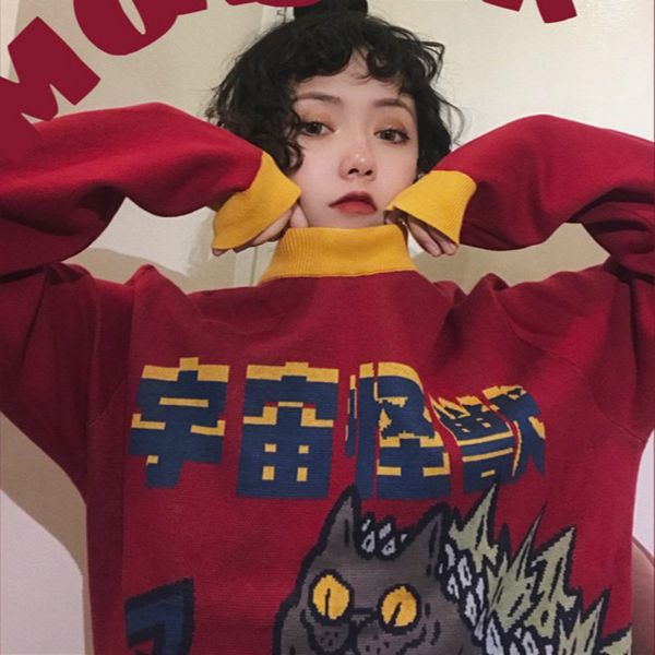 harajuku fashion knitted women sweater cartoon monster embroidery student sweater coat loose retro hit color pullover, White;black
harajuku fashion knitted women sweater cartoon monster embroidery student sweater coat loose retro hit color pullover, White;black