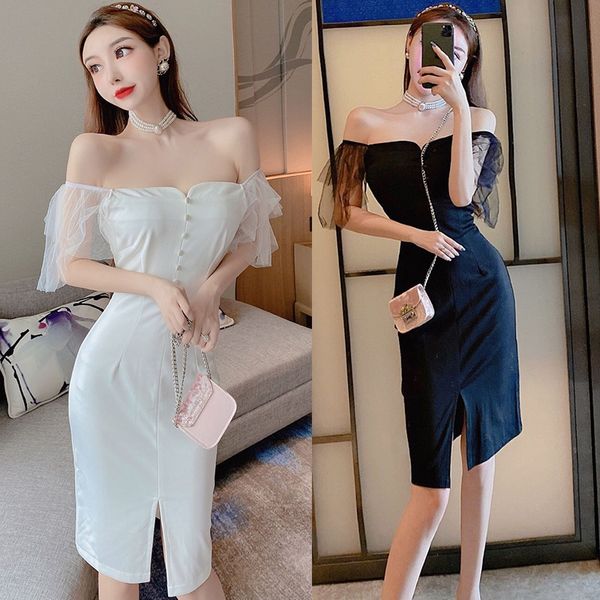 2020 summer new style off-shoulder off-shoulder french lady temperament mid-length split dress women, White;black
2020 summer new style off-shoulder off-shoulder french lady temperament mid-length split dress women, White;black
