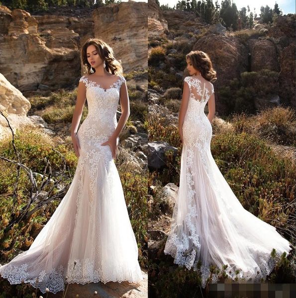 2019 elegant lace mermaid wedding dresses sheer cap sleeves lace applique sweep train wedding bridal gowns with buttons, White
2019 elegant lace mermaid wedding dresses sheer cap sleeves lace applique sweep train wedding bridal gowns with buttons, White