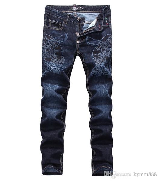 european standing men's jeans, men's jeans, a pair of skinny jeans and black embroidered skulls#095, Blue
european standing men's jeans, men's jeans, a pair of skinny jeans and black embroidered skulls#095, Blue