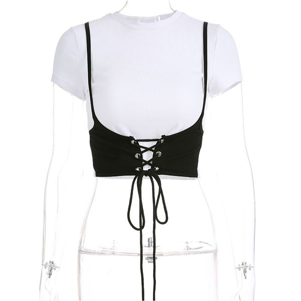 women t-shirt casual cropped fashion club summer daily strappy short sleeve shopping party fake two-pieces crew neck sexy, White
women t-shirt casual cropped fashion club summer daily strappy short sleeve shopping party fake two-pieces crew neck sexy, White