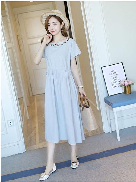 maternity dress summer new solid color fashion v-neck embroidered cotton and linen loose large size maternity dress waist, White
maternity dress summer new solid color fashion v-neck embroidered cotton and linen loose large size maternity dress waist, White