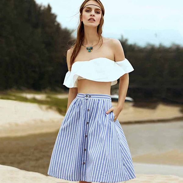 2019 summer new arrival women striped a-line blue single-breasted skirt fashion casual high waist knee-length skirts sale, Black
2019 summer new arrival women striped a-line blue single-breasted skirt fashion casual high waist knee-length skirts sale, Black