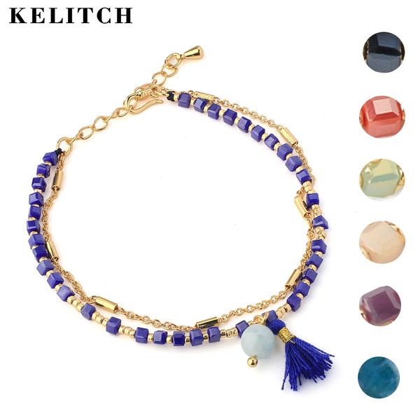 

kelitch charm tassel strand link bracelets colorful crystal beaded string cuff bracelets bangles friendship fashion jewelry, Golden;silver