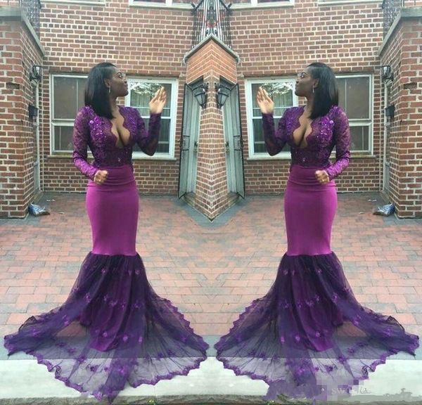 2019 New Purple Sexy V Neck Mermaid Evening Dresses Lace Appliques Beads Long Sleeves Prom Dresses For Black Girls Party Wear Dresses
2019 New Purple Sexy V Neck Mermaid Evening Dresses Lace Appliques Beads Long Sleeves Prom Dresses For Black Girls Party Wear Dresses