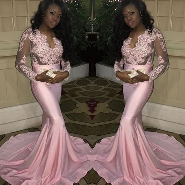 charming pink mermaid black girl long prom dresses elegant long sleeves deep v neck lace appliques african evening party gowns custom made
charming pink mermaid black girl long prom dresses elegant long sleeves deep v neck lace appliques african evening party gowns custom made