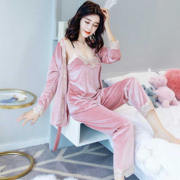 

pleuche women pajamas sets autumn winter 3 pcs camisole+robe+pants pyjama femme sleepwear suit pijama mujer, Blue;gray