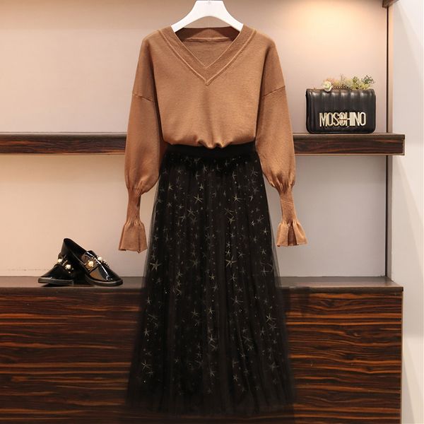 autumn women warm suit two piece set v neck long sleeve knitted sweater and star bronzing mesh skirt office lady plus size suit, White
autumn women warm suit two piece set v neck long sleeve knitted sweater and star bronzing mesh skirt office lady plus size suit, White