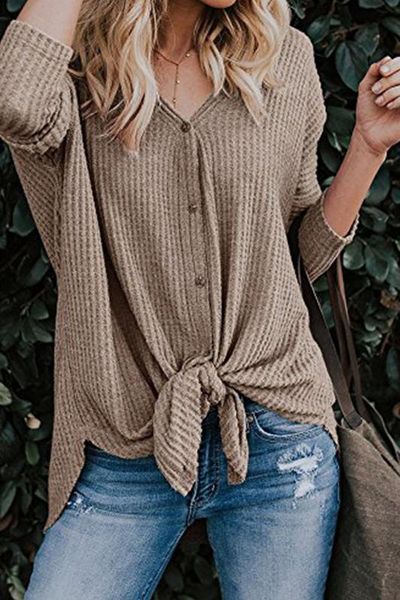 women's fashion sweater winter long sleeve button down knit knot front pullouver for casual, White
women's fashion sweater winter long sleeve button down knit knot front pullouver for casual, White