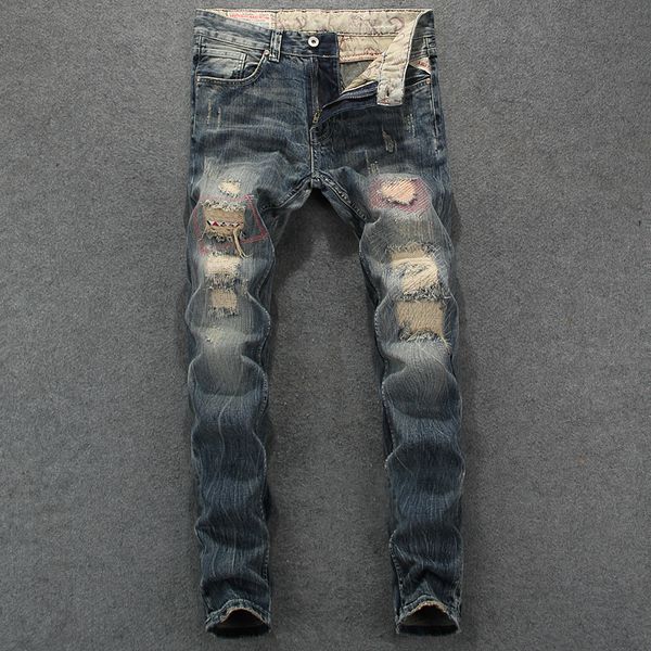 fashion vintage designer men jeans retro slim fit destroyed ripped jeans homme patch denim pants streetwear hip hop men, Blue
fashion vintage designer men jeans retro slim fit destroyed ripped jeans homme patch denim pants streetwear hip hop men, Blue