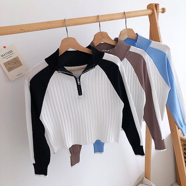 2019 autumn new korean version of the college wind casual half-high collar zipper color long sleeve short sweater shirt women, Black;white
2019 autumn new korean version of the college wind casual half-high collar zipper color long sleeve short sweater shirt women, Black;white