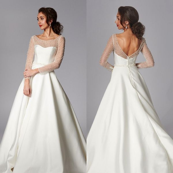 modest a line grace philips dresses jewel neck long sleeve satin lace pearls ruched wedding gown sweep train robe de mariée, White
modest a line grace philips dresses jewel neck long sleeve satin lace pearls ruched wedding gown sweep train robe de mariée, White