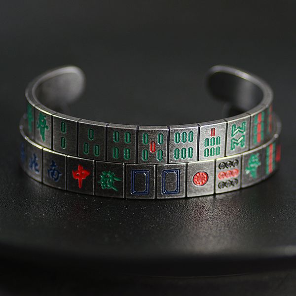 new arrival retro vintage titanium steel cuff open bangles chinese style mahjong men bracelet antique colorful character bangles, Black
new arrival retro vintage titanium steel cuff open bangles chinese style mahjong men bracelet antique colorful character bangles, Black