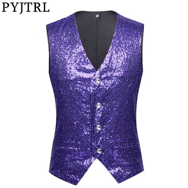 

pyjtrl men paillette waistcoat luxurious purple lavender pink full sequins wedding groom vest gilet homme dj bar singers costume, Black;white