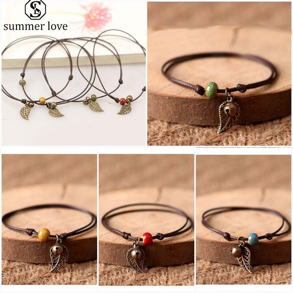 handmade wax rope ceramic bead retro bell leaf charm bracelet anklet for women adjustable size ethnic style fashion ladys jewelry, Black 
handmade wax rope ceramic bead retro bell leaf charm bracelet anklet for women adjustable size ethnic style fashion ladys jewelry, Black