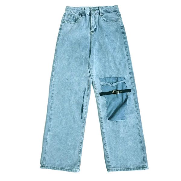 new jeans for women vintage ripped wash jeans fashion leather buckle loose high waist pants casual straight pants female, Blue
new jeans for women vintage ripped wash jeans fashion leather buckle loose high waist pants casual straight pants female, Blue