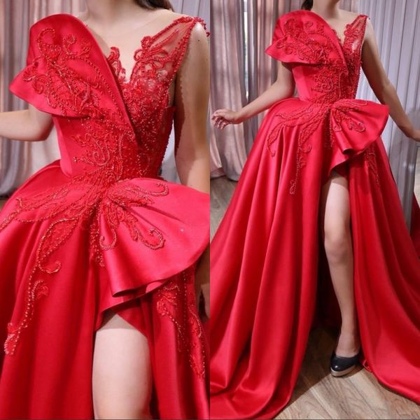 red beaded evening dresses sheer neck high split prom dress satin formal party gowns african girls pageant dress, Black
red beaded evening dresses sheer neck high split prom dress satin formal party gowns african girls pageant dress, Black