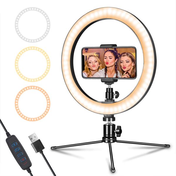 led ring light 10" with tripod stand and mobile phone holder, dimmable, 3 light modes and 10 brightness levels
led ring light 10" with tripod stand and mobile phone holder, dimmable, 3 light modes and 10 brightness levels