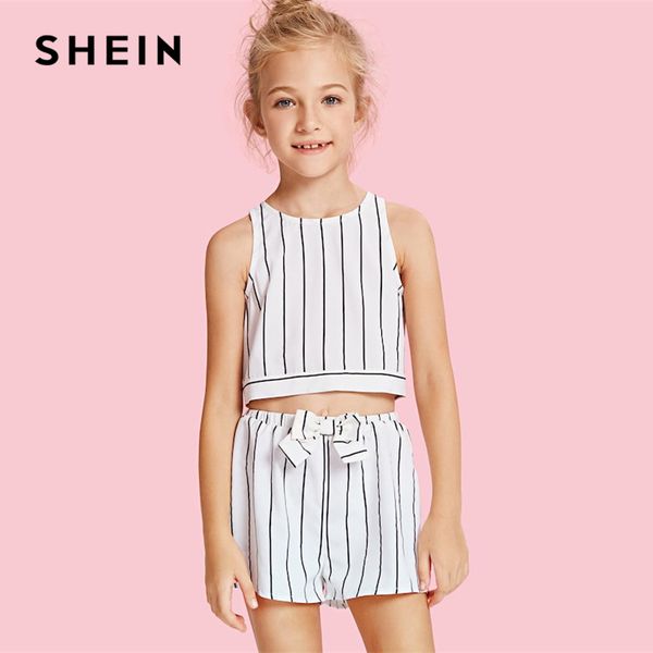 

shein kiddie girls slit knot back stripe shell and shorts clothes sets 2019 spring sleeveless bow vacation kids suit sets, White