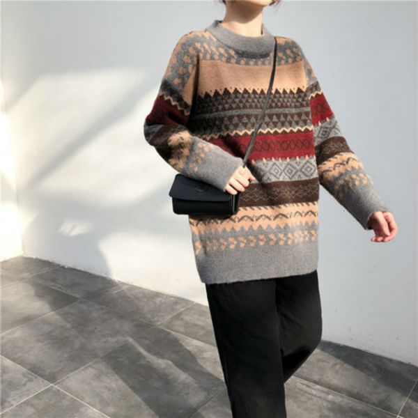 round neck stripe women sweater vintage loose casual knitting female autumn winter pullovers, White;black
round neck stripe women sweater vintage loose casual knitting female autumn winter pullovers, White;black