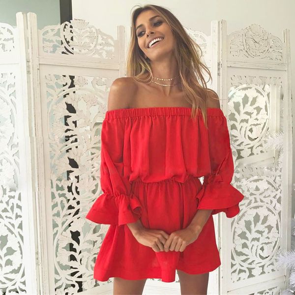 women flare sleeve summer dress off shoulder holiday solid party mini dresses ladies summer dress 2019 vestidos de verano new, Black;gray
women flare sleeve summer dress off shoulder holiday solid party mini dresses ladies summer dress 2019 vestidos de verano new, Black;gray