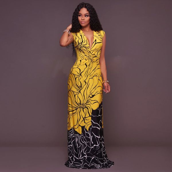 2018 summer floral print long dress sleeveless low bosom deep v-neck fashion women's beach dress bodycon, White;black 
2018 summer floral print long dress sleeveless low bosom deep v-neck fashion women's beach dress bodycon, White;black