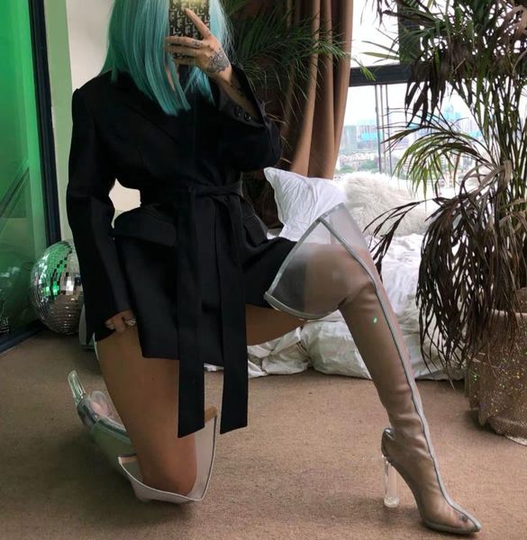 new chunky-heel over-the-knee boots mesh boots transparent liang xue, Black
new chunky-heel over-the-knee boots mesh boots transparent liang xue, Black