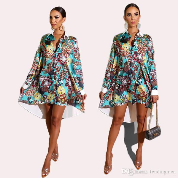 autumn new women designer dress fashion flora printed lapel neck asymmetrical dresses new arrival womens dresses, Black;gray