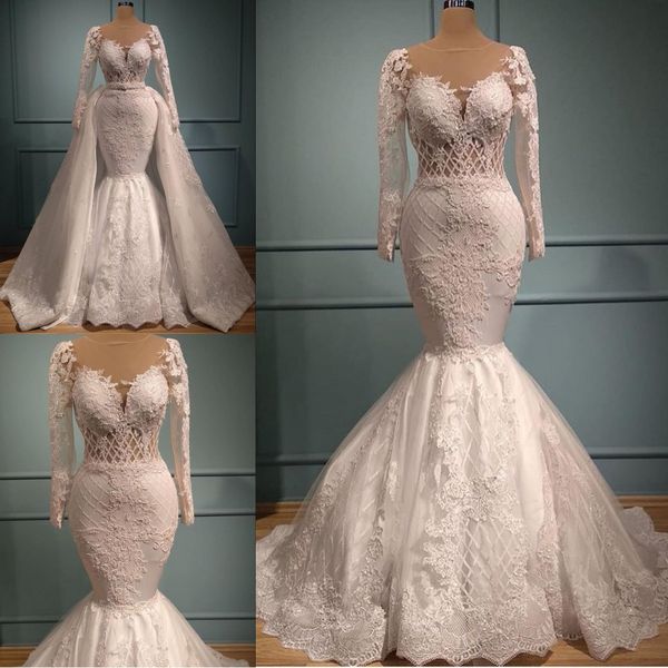 gorgeous mermaid lace wedding dresses with detachable train bateau neck beaded long sleeves bridal gowns plus size vestidos de nnovia, White
gorgeous mermaid lace wedding dresses with detachable train bateau neck beaded long sleeves bridal gowns plus size vestidos de nnovia, White