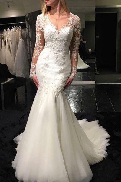custom made v neck lace long sleeves tulle appliques castle see through mermaid wedding dresses 2019 princess bridal gown vestido, White
custom made v neck lace long sleeves tulle appliques castle see through mermaid wedding dresses 2019 princess bridal gown vestido, White