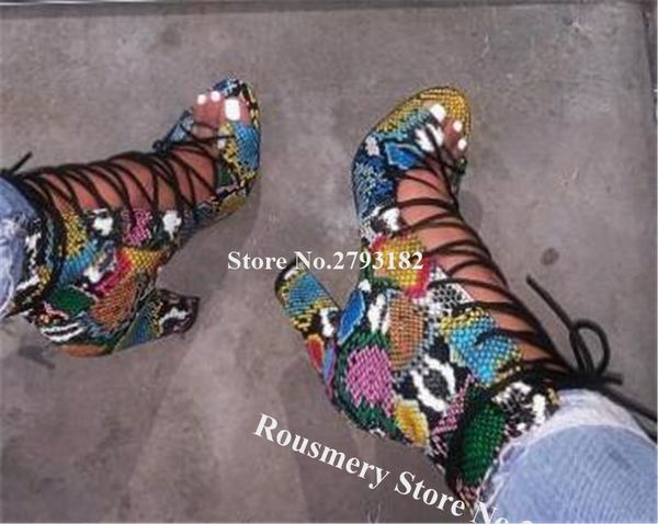 women peep toe snake leather chunky heel short gladiator boots lace-up cut-out thick high heel ankle booties dress heels, Black
women peep toe snake leather chunky heel short gladiator boots lace-up cut-out thick high heel ankle booties dress heels, Black