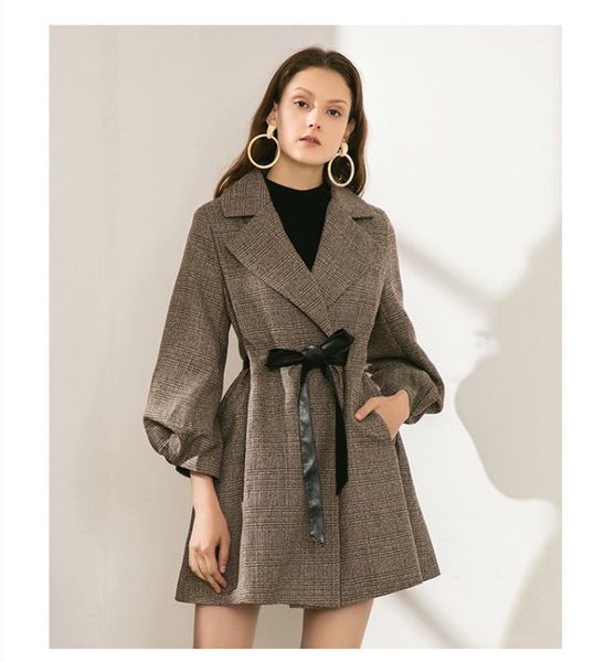 new spring european and american fashion long lantern-sleeved big size grid woolen jacket with belt for women, Black 
new spring european and american fashion long lantern-sleeved big size grid woolen jacket with belt for women, Black