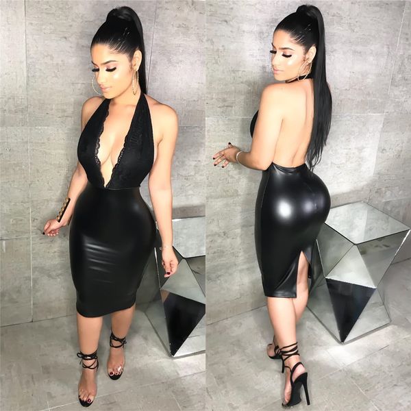 new halter lace dress slim leather stitching dress hanging neck stitching backless pu skirt, White;black
new halter lace dress slim leather stitching dress hanging neck stitching backless pu skirt, White;black