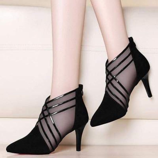 

2020fashion mesh & lace crossed stripe women ladies casual pointed toe high stilettos heels pumps feminine mujer sandals shoes, Black