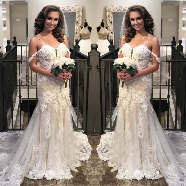 modern spaghetti wedding dresses 2019 summer lace off shoulder mermaid bridal dress tulle sweep train wedding gowns with appliques, White
modern spaghetti wedding dresses 2019 summer lace off shoulder mermaid bridal dress tulle sweep train wedding gowns with appliques, White