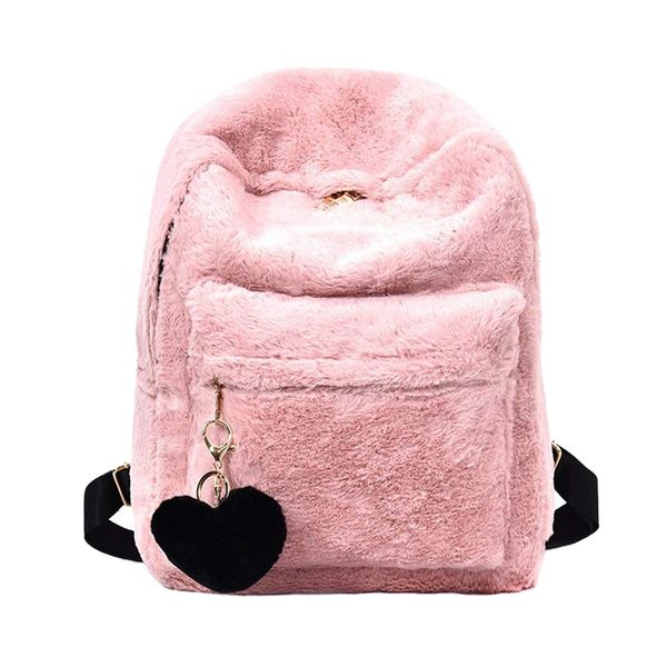 women soft faux fur plush backpack shoulder bag fluffy school bag with heart pendant (pink