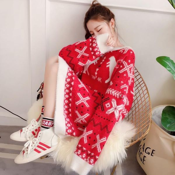 christmas sweater loose wear outside thick warm coat sweater round neck pullover long winter clothes women, White;black
christmas sweater loose wear outside thick warm coat sweater round neck pullover long winter clothes women, White;black