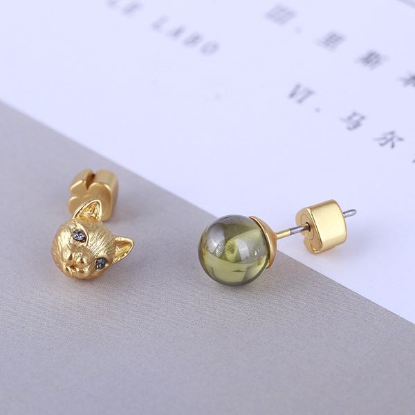 fashion- cat head desigh and 06.cm asymmetric bead stud earring with nature green stone for women wedding jewelry gift in, Golden 
fashion- cat head desigh and 06.cm asymmetric bead stud earring with nature green stone for women wedding jewelry gift in, Golden