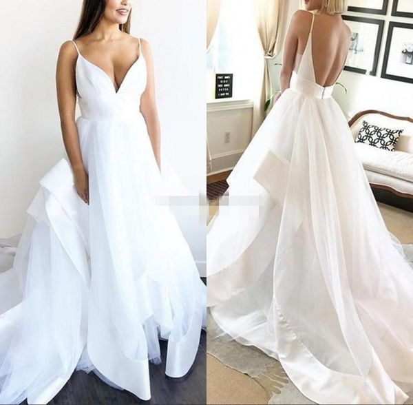 beach wedding dresses spaghetti straps tiered skirt organza satin 2020 backless tulle sweep train custom made wedding gowns plus size, White
beach wedding dresses spaghetti straps tiered skirt organza satin 2020 backless tulle sweep train custom made wedding gowns plus size, White