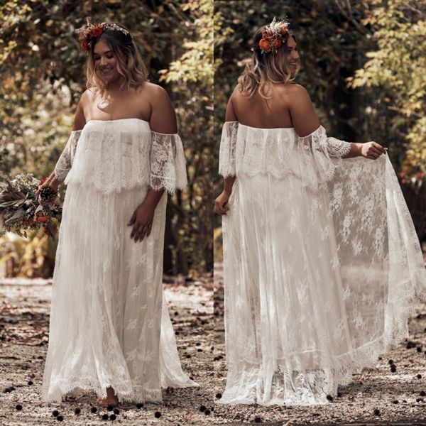 fashion bohemian plus size lace wedding dresses off the shoulder short sleeves beach bridal gowns a line floor length boho vestido de novia, White
fashion bohemian plus size lace wedding dresses off the shoulder short sleeves beach bridal gowns a line floor length boho vestido de novia, White