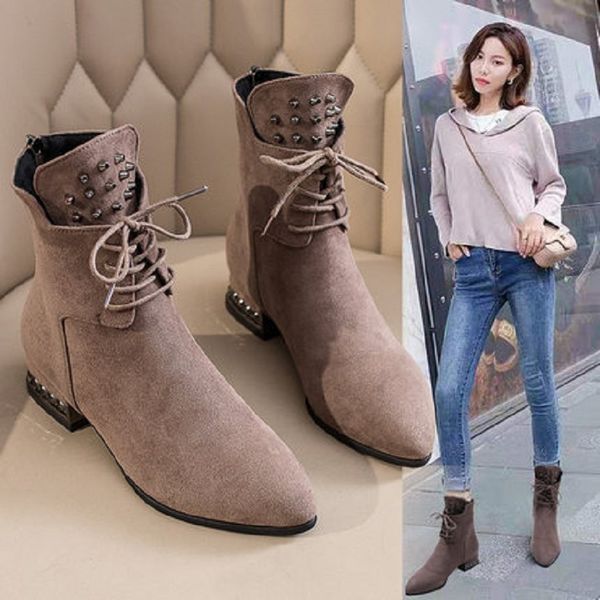 

2019 autumn new women's fashion boots joker comfortable breathable lace wear rivets pointed low heel thick with women's boots, Black