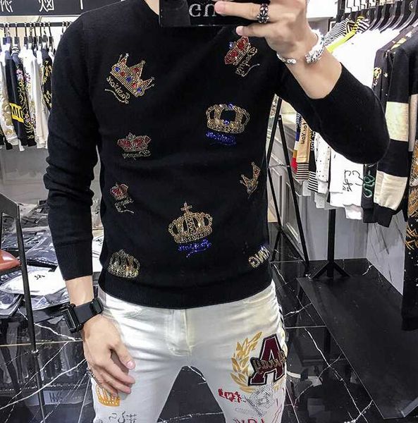 european style diamond crown sweater men's fashion brand personality autumn winter men's long sleeve bottoming sweater, White;black
european style diamond crown sweater men's fashion brand personality autumn winter men's long sleeve bottoming sweater, White;black