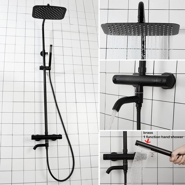 

matt black thermostatic shower faucet wall mounted bathroom cold mixer shower set bathtub rainfall shower