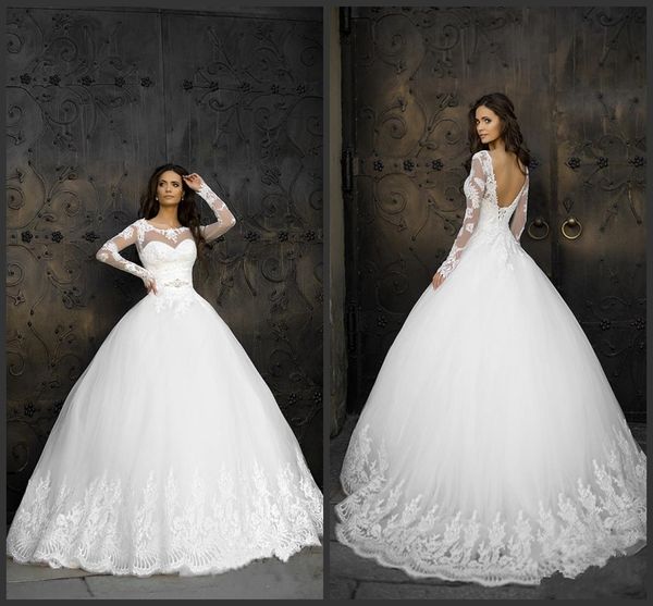 2020 new classy lace appliqued ball gown wedding dresses with long sleeves sheer jewel neckline tulle chapel beaded backless bridal gowns, White
2020 new classy lace appliqued ball gown wedding dresses with long sleeves sheer jewel neckline tulle chapel beaded backless bridal gowns, White