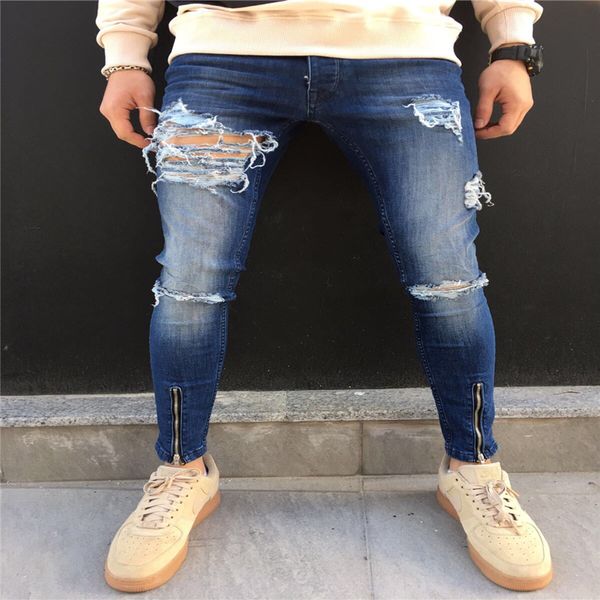 men jeans stretch destroyed ripped hole design vintage ankle zipper skinny jeans for men, Blue
men jeans stretch destroyed ripped hole design vintage ankle zipper skinny jeans for men, Blue