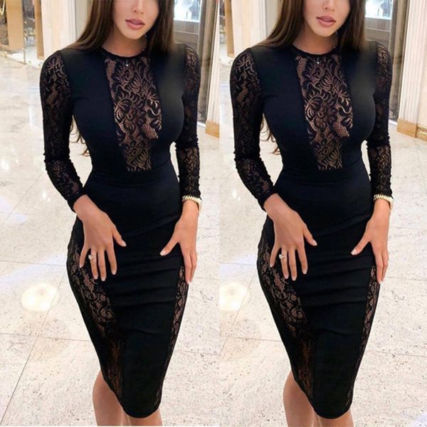 european and american black long skirt new lace dress slim see-through dress, White;black 
european and american black long skirt new lace dress slim see-through dress, White;black