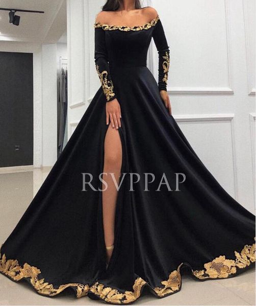 arabic style black long evening dresses 2020 high slit off the shoulder neck long sleeve gold appliques women formal gowns, White;black 
arabic style black long evening dresses 2020 high slit off the shoulder neck long sleeve gold appliques women formal gowns, White;black