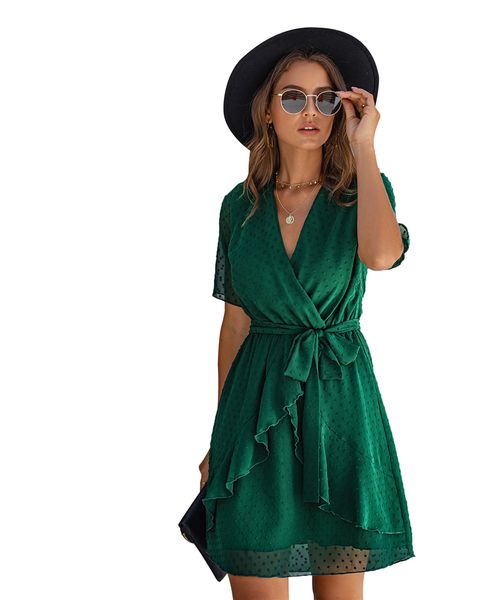 womens dresses v neck polka dot ruffles mini dress short sleeve summer dresses with belt, Black;gray
womens dresses v neck polka dot ruffles mini dress short sleeve summer dresses with belt, Black;gray